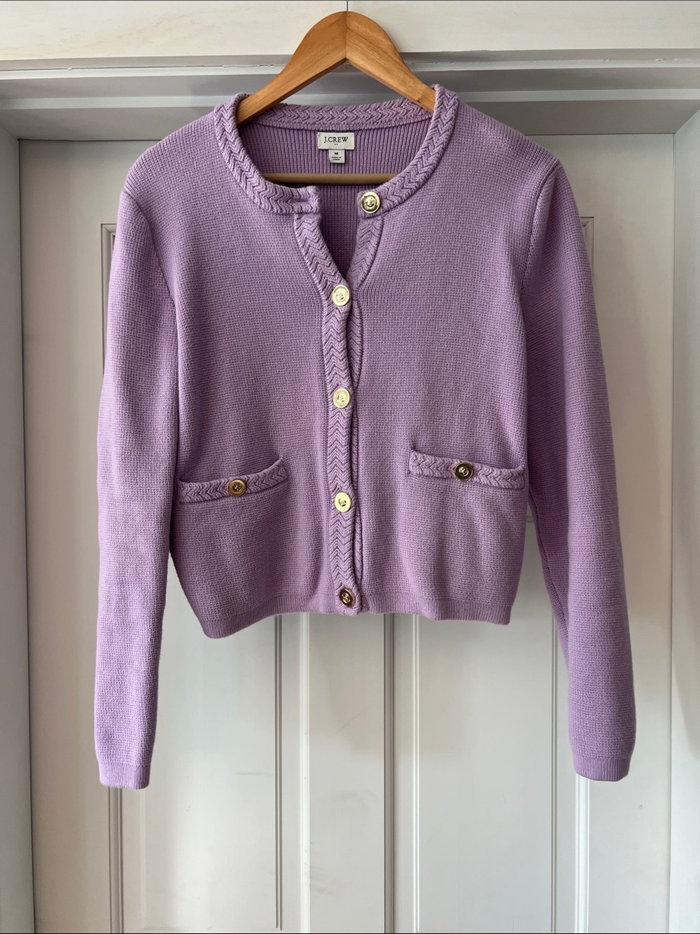 J. Crew Lavender Braided-Trim Cropped Cardigan
